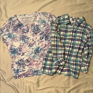 Rebecca Malone Purple Floral & Purple/Aqua Plaid Womens Size L Blouses-set of 2